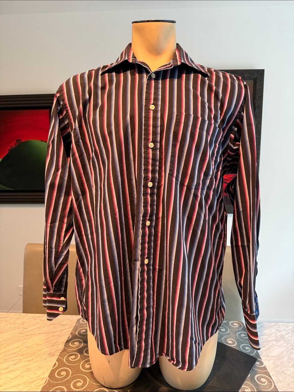 B44 Ted Baker London Men’s 16.5/34,35 Striped Button-Down in Black, Pink & Blue